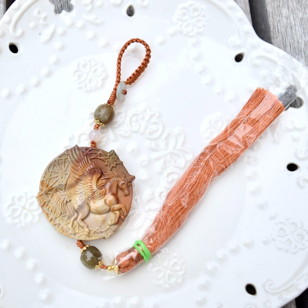 Unicorn Ornament - Bag Charm Keychain Tassel - Polychrome Jasper
